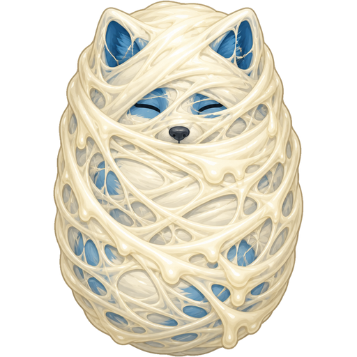 #FFFEED slikworm cocooned pod blue fox fully cocooned covered with #FFFEED huge coating of #FFFEED slik and huge #FFFEED slik wrappings and #FFFEED webbings #FFFEED