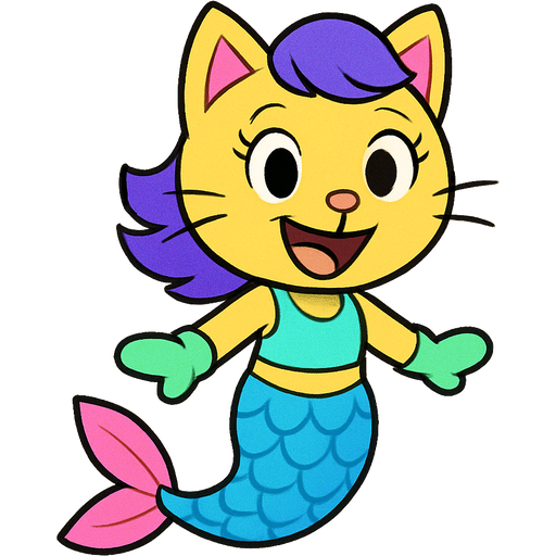 yellow cat anthro with purple hair blue cyan and white mermaid tail with pink fins light green gloves and swimsuit top blue happy tree friends style version artistic creation, beautiful art