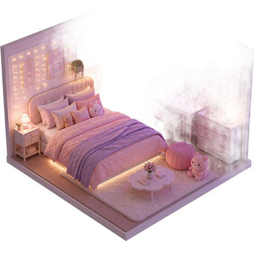 : “soft pastel aesthetic bedroom, pink and lavender tones, cozy feminine style, fairy lights, fluffy bedding, cute decor, plushies, dreamy atmosphere, soft lighting, highly detailed, kawaii aesthetic, realistic render”
