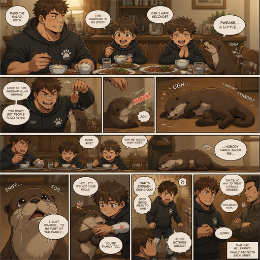 A DETAILED AND LIFELIKE ANIME Comic Book story view of a Bulky but Muscular ANIME Cute Bara Man With Peach toned skin Who looks Normal aind round facial Structure and Basic facial structure With Puffy and Big Pecs that are visible through the shirt and Biceps and Bandaid on his nose and Brown Fluffy and Strait hair. Wearing normal clothes and hoodie that matches his Family members so no one in the family got lost and With his pet Full grown and Healthy and long otter and 2 little brothers. And they at the house all eating dinner together and the otter begs for food. And the bigger brother excessively bullies the otter. And the otter laying his side on the floor with a headache. And everyone neglects the otter and the otter doesn’t feel seen and he cries. And the otter Is comforted by his twin and his twin Goes and stands up for him and his twin is disciplined