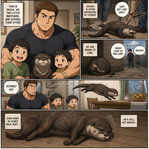 A DETAILED AND LIFELIKE ANIME Comic Book story view of a Bulky but Muscular ANIME Cute Bara Man With Peach toned skin Who looks Normal aind round facial Structure and Basic facial structure With Puffy and Big Pecs that are visible through the shirt and Biceps and Bandaid on his nose and Brown short hair that makes them look tough. Wearing normal With his pet Grown and healthy realistic otter who is Mistreated and 2 little brothers that are in different ages but young. Then the otter flys to the table. And limps back but is not wanted and lays on its side
