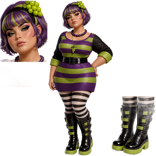 Sour Grapes with a Fair-Light Neutral Natural Skin Tone and a Flat Lip Shape With a Monique Eyelash Set Up and a Rose Quartz Lipgloss With a Dark Green Eyeshadow and a Modern Angled High Arched Eyebrow with a Down-Turned Eye Shape and a Round Face Shape with a Purple Pixie Bob Haircut and Lime Green Highlighted Streaks Including Bangs with a Black Headband with Green Grapes on the Right Side of her headband Along with a Mole on the Left Side of her Face Wearing a Purple and Lime Green Striped Longish Sleeved Dress and the the Sleeves are Black when they are rolled they are light green Wearing a Dark Purple Pearl Necklace and a Long Green Grape Necklace Wearing a Black Belt Wearing White and Black Striped Leggings Wearing Long Black Rubber Boots With The Straps Being Black and Underneath it is Lime Green the Bottom of the Boots are Lime Green With Purple and Lime Green Ombré Eyes and a Luminous Glazed Complexion with a 3D Naturalistic Animation and a Mature Adult Curvy Toned Build with a Luxury Glossy and a Refined Pristine Set Up with a Theatrical Appearance