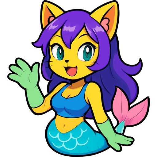 yellow cat anthro with purple hair with a bulging cyan and white mermaid tail with pink fins light green gloves and swimsuit top blue