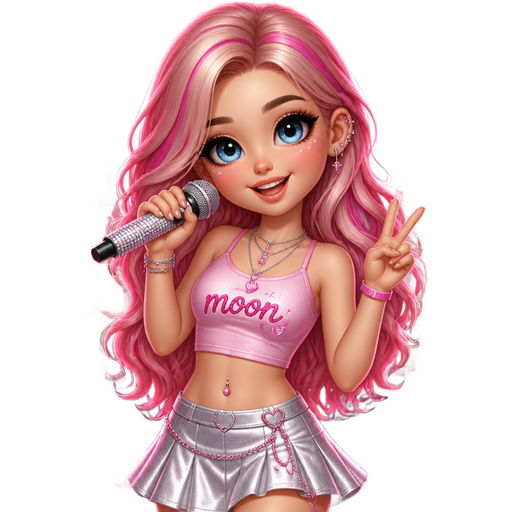Cutegirl with blue eyes baby pink mixed with hot pink highlights hair with 2 ear piercings on both ears and a belly piercing, wearing a silver skirt with pink crop top with microphone posing on a stage and above her head, says Hannah moon and fans in the background holding signs