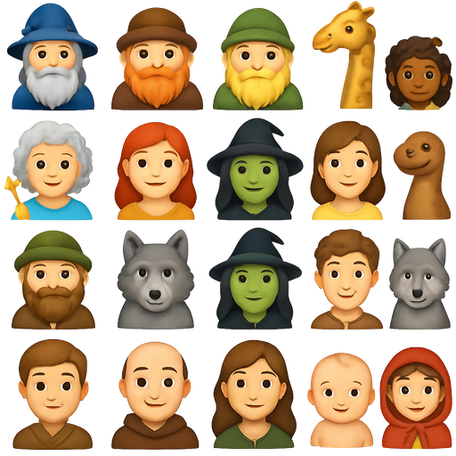 The Wizard/Dwarf 1/Dwarf 2/Giant/Mambo/Ella/Fairy Godmother/Stepsister 2/Witch 2/Baby’s Mother/Amigo 3/Dwarf 3/MessengerWolf 2/Witch 1/Rumpelstiltskin/Amigo 2/Wolf 1/Rick/Amigo 1/Munk/Stepsister 1/Baby/Red Riding Hood/Prince Humperdink/Frieda