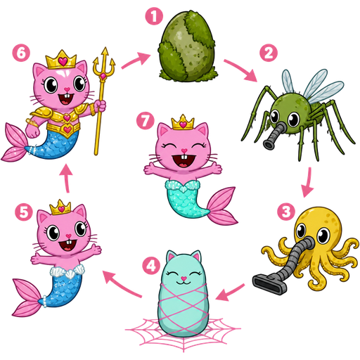 life cycle of light cyan mermaid tail with pink fins pink cat princess 1st mossy egg 2nd stage green spider mosquito hybrid 3rd stage yellow octopus vacuum hose hybrid 4th stage light cyan cocoon shaped cat with pink webbing on the ground 5th stage pink cat with blue mermaid tail with white details 6th pink cat with golden armor blue mermaid tail with pink fins holding trident 6th stage light cyan mermaid tail with pink fins pink cat princess happy tree friends style
