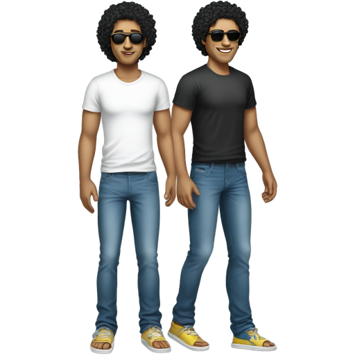 Full body of a man with yellow skin, black curly hair, wearing sunglasses, a plain white t-shirt, blue jeans, long pants, and flip-flops.