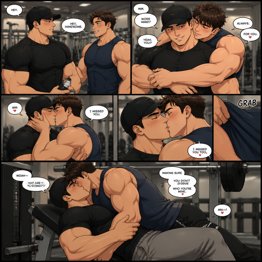 A DETAILED AND LIFELIKE ANIME Comic Book story view of a Bulky but Muscular ANIME Cute Bara Man With Peach toned skin Who looks Normal and 20 years old and round facial Structure and Basic facial structure With Puffy and Big Pecs that are visible through the shirt and Biceps and Brown short hair. Wearing a Baseball hat Black Tight Shirt and Gray sweatpants. At the gym with his boyfriend and his boyfriend hugs him and they hug and Kiss. And pins him down on a bench