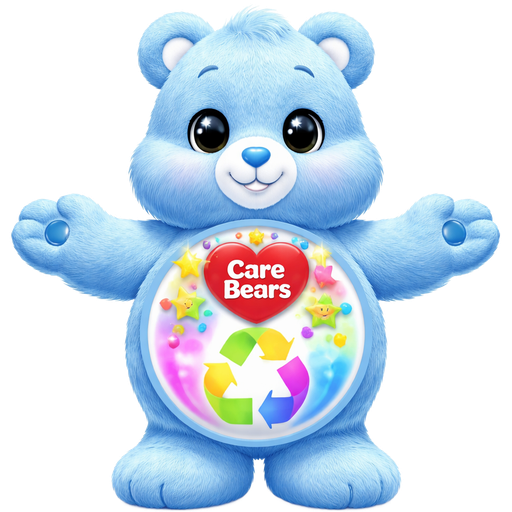 Recycling Pastel Blue Care Bear with a Multicolored Rainbow Recycling Sign and a Classic Care Bears Red Heart Logo That Reads “Care Bears” in White letters in the Middle with Hearts and Starbuddies Surrounding it on the Stomach Black Eyes and a Blue Heart nose