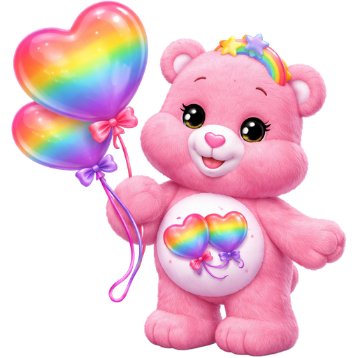 Daydream Coral Pink Care Bear with Two Tangled Rainbow Heart Balloons with One Balloon with a Pink String and Bow and the Other Being a Purple String with a Bow on the Stomach with a Pink Heart Nose