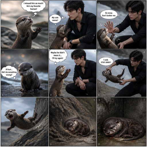 A comic book Picture by picture and shows impact of a A baby otter went to his male Cute and Handsome owner to go and hug him but the otter was pushed away by his owner but then tried giving him another hug ,but the baby otter was thrown at a rock and taken out and flys to the ground and to a corner