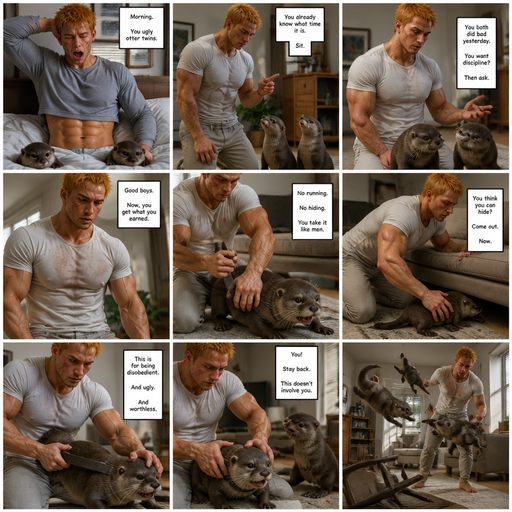 A Picture by picture comic book Structures and Young Adult BARA CUTE that is Peach Toned skin not anything else MALE not to detailed Wit h bigger than average Pecs that a re visible through the shirt and Biceps and a big Bandaid on his nose and Left Cheek and Right Eye brow with Scars all over his Chest and arms. Wearing a White Baggy Top that is tight around the waist and Athletic shirt drenched in sweat and Short and yellowish orange Hair and Bright Gold Fluffy Hair and Strait with brown eyes and black eyebrows with a Three finger Slash on his Eyebrow. With no Facial Hair. Waking up in the morning in pajamas and his Ugly pet Otter twins but Excessively bully’s them. there are is discipline. and asks for some and the looses a tail and tries to run under the couch but stops him. And the otter Receives discipline that. And the otter(his twin) just watching and tries to help but is denied. And he goes flys, and lands wrong. The brother that tried to help and the one getting disciplined.