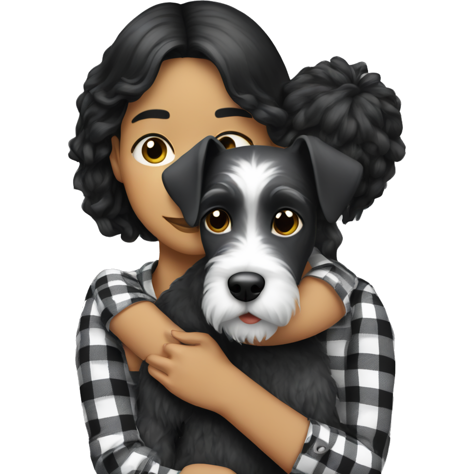 A girl with white skin and black hair, wearing a black and white plaid shirt, is hugging a Schnauzer.