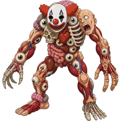 a monster made out of body parts organs bones muscles brains eyeballs head wearing a clown mask head body arms and legs view sonic x version