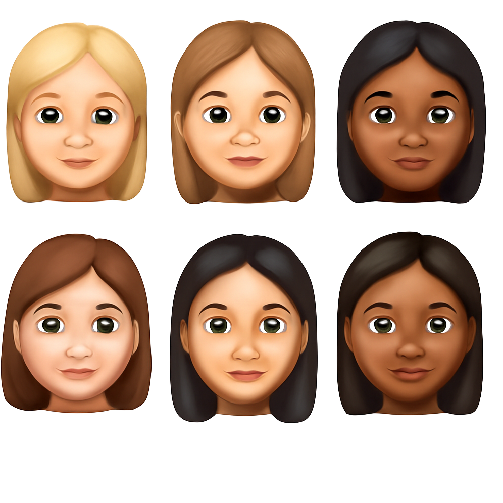 Six realistic girls, one white girl with blonde hair and green eyes, dirty, blonde, hair, white girl with brown eyes, a dirty blonde, white girl with brown eyes, another brown girl with dark black hair and dark eyes, another girl with brown hair and green eyes and another girl with dark brown hair and dark eyes and white