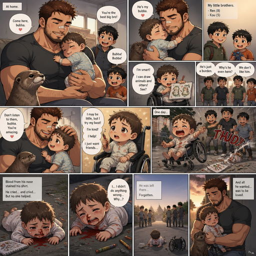 A DETAILED AND LIFELIKE LONG Anime Comic Book story view of a Bulky but Muscular ANIME Cute Bara Man With Peach toned skin Who looks Normal aind round facial Structure and Basic facial structure With Puffy and Big Pecs that are visible through the shirt and Biceps and Bandaid on his nose and Brown short hair that makes them look tough and A Bear on his Chin and Jaw. Wearing normal With his pet Grown and healthy realistic otter and 2 little brothers that are in different ages but young. At the house And the baby and the baby‘s Hadicaped with his cute clothes and he picks the little baby and The baby cuddles up with his arm and he loves calling him bubba but some people don’t like the baby and the baby tries to reason by saying he‘s smart and can draw but still on the toddler level and one day the baby flew out of his chair from some bullies and red comes from his nose and stains his shirt and is all on the ground and it cried and was fogotten