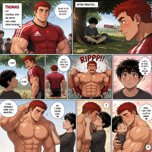 A Comic book story of a Bulky and muscular ANIME Cute Bara Man Who looks Normal and American with a round facial Structure and Basic facial structure With Big Pecs and Biceps and Bandaid on his nose. Wearing an Adidas Jersey and shorts with Scarlet Red hair and named Thomas with a Huge Crush on Blake. With Blake a Skinny and small Kid. One day After Practice found Blake under a tree drawing. And Blake Found Thomas Staring at him. And then Thomas Blushed Hard and Walked away to hide his face. and He Tenses up and rip his shirt. But in. Blake’s eyes Blake’s blushes cause he looks dreamy and irresistible and Huge and Buff. And no longer having a Shirt Thomas looks back and Says you probably think I’m a Monster and Blake says no and holds his cheeks up and says I think your cute and Kisses him. And Tomas Embraces him and Blake looks up and Down and is shocked and overwhelmed by Thomas’ huge muscles and Tomas laughs and says I get that A lot