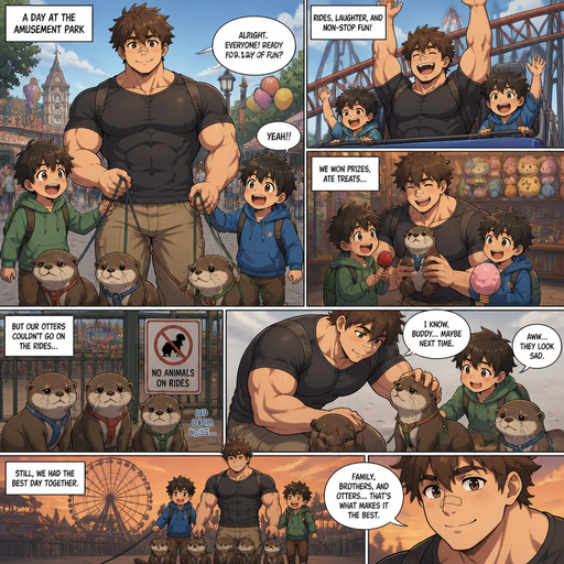 A DETAILED AND LIFELIKE ANIME Comic Book story view of a Bulky but Muscular ANIME Cute Bara Man With Peach toned skin Who looks Normal aind round facial Structure and Basic facial structure With Puffy and Big Pecs that are visible through the shirt and Biceps and Bandaid on his nose and Brown Fluffy and Strait hair. Wearing normal With his pet Grown and healthy Otters and 2 little brothers that are in Late elementary grades. they all go to an amusement park and the otters are on leashes. And they have fun but the otters are sad because they can’t go on rides