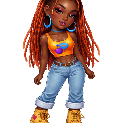 Cherry Crisp with a Dark-Deep Neutral Espresso Skin Tone with a Heavy Lower Lip Shape with a Fairy Set Eyelash Set Up with a Lost Cherry Purple Lipstick Look with a Magenta Purple Eyeshadow and a Natural Arched Eyebrow with a Protruding Eye Shape and a Triangle Face Shape Wearing Orange Long Faux Dreadlocks in a Half-Up-Half-Down Hairstyle Wearing Blue Bold Crescent Hoop Earrings Wearing a Blue Choker Necklace With a Bright Orange Cropped Top With a Print of a Purple Cherry with a Blue Speech Bubble in the Back of it with Light Blue Denim Jeans with it being rolled up at the ends Wearing Yellow Suede Laced Boots with a Printed Pattern of Two Purple Hearts on both Sides Wearing a Brown Belt With a Gold Buckle and A Mature Adult Toned Build with a Cinematic Radiance and Vivid with Distinct Features and High Visual Textures In a Soft Polished Shine