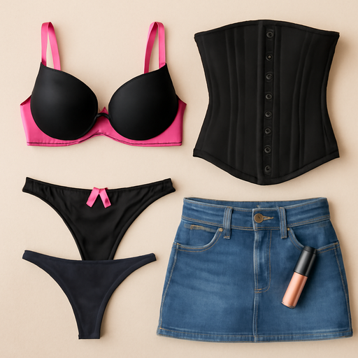 victoria’s secret black and pink bra with a black thong with a mini pink bow and a lip gloss mini jean skirt and a black corset