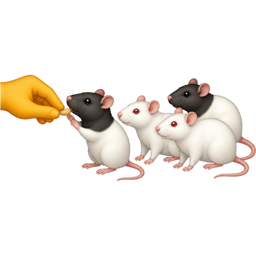 A hand feeding a white rat with a black head and two white rats and one white rat with a black head behind them