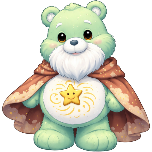 Elder Watchful Pastel Green Care Bear with a small gold star with five swirls going around it wearing a white beard and brown cape with pale brown clouds and dots on the rim of it on the stomach