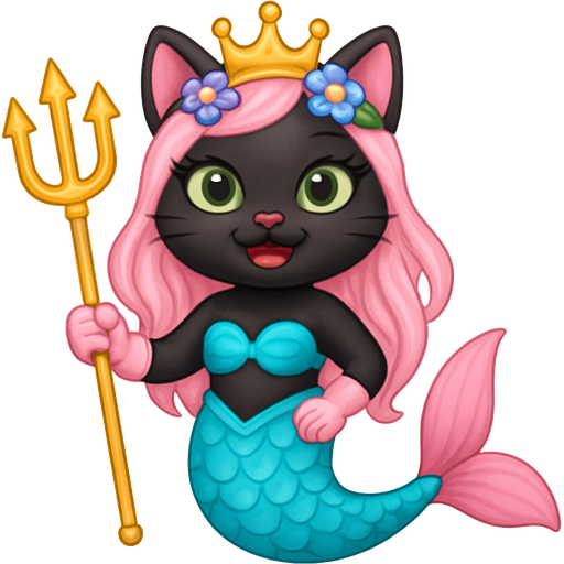 black cat smiling pink long hair golden crown purple and blue flowers green eyes light pink gloves very long cyan mermaid tail with pink fins swimsuit cyan holding a golden trident human version fan character emoji, expressive cute style