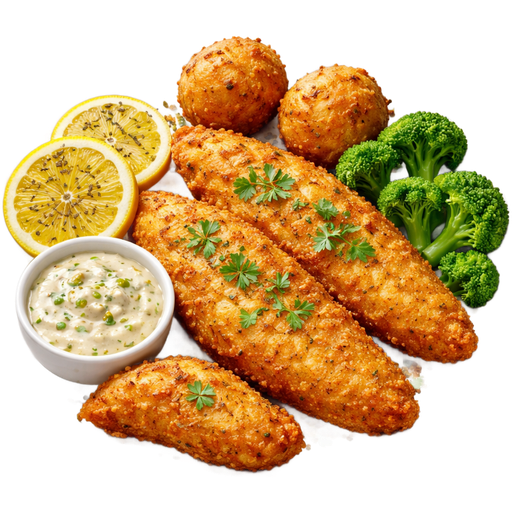 Southern Fried Fish with Oregano Sliced Lemons on the side and a cup of Tartar Sauce with a Lightly Crispy Batter and crunchy crust and a side of Hush Puppies and Broccoli