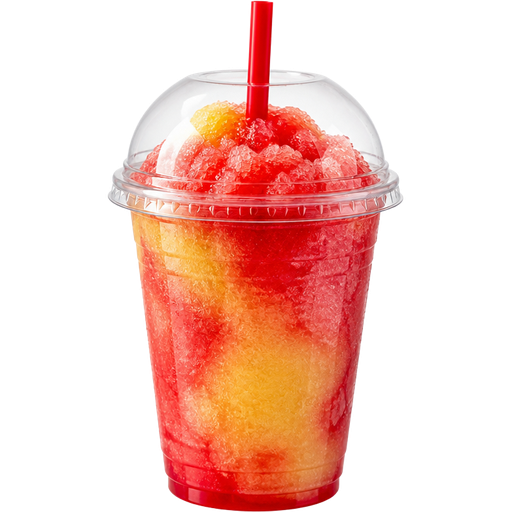 Cherry Lemonade Soft Shaved Ice Slushie in a Plastic Cup and Plastic Dome Lid with a Straw Mixed in with Extra Syrup