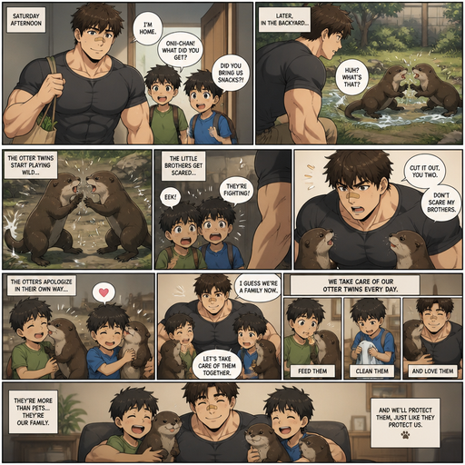 A DETAILED AND LIFELIKE ANIME Comic Book story view of a Bulky but Muscular ANIME Cute Bara Man With Peach toned skin Who looks Normal aind round facial Structure and Basic facial structure With Puffy and Big Pecs that are visible through the shirt and Biceps and Bandaid on his nose and Brown Fluffy and Strait hair. Wearing normal With his pet Grown and long and healthy otter and 2 little brothers that are in Late elementary grades. And they See there twin otter plays but the and the little brothers get scared, and the big brother says, cut it out to the otters. And the otters Cuddle the Little Brothers and they keep them as pets and take care of them.