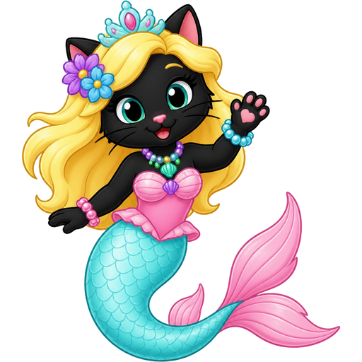 black cat with light yellow hair purple and blue flowers light cyan crown purple and green necklace pink and blue bracelets pink dress attached to long light cyan mermaid tail with pink fins based on ariel