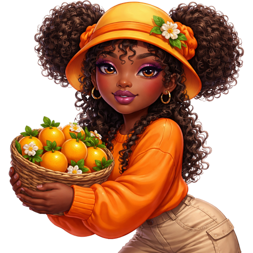 Orange Blossom with a Dark Warm Ebony Skin Tone and a Flipped up Bucket Hat with Yellow at the Top of the Hat and a Orange Brimming Trim in the Middle with the Bottom having a Dark Orange trim and a Lighter Orange Underneath it with a Orange Flower with Three Leaves on the Right Side with Two Afro- Textured Brown High Puff Curly Ponytails Wearing Natural Voluminous Eyelashes and Asymmetrical Type Lip Shape, Followed up with a Matte Purple Lipstick Finish and Magenta Eyeshadow along with a Modern Tail- Arched Eyebrow in Which the Eye-Shape is more of a Deep-set Type of Feature and the Scrunchies in her hair are also Orange She also have curly Bangs hanging at the Front of her hair Which is also wearing a Oversized Orange Long Sleeved Sweater with a light Orange Trim Going around the Neckline And Baggy Beige Pants with a Pocket on the side with Brown Leather Boots Carrying a Basket of Oranges with a Luminous Glazed Complexion and a 3D Naturalistic Animation with a Mature Adult Toned Build and Luxury Glossy with a Refined Pristine Set Up and a Theatrical Appearance
