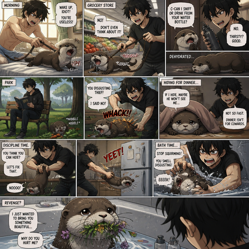 Waking up in the morning on a Sunny day and no cin pajamas and his pet otter but Excessively bully’s it. in the grocery store and the Otter wants a piece of produce, but he yanks the leash and the Otter coughs up Saliva and the otter asks if he can sniff a drink water from his water bottle, but he’s says no and gets dehydrated and. But They go to a park and he sits down and reads a book and can see the otter trying to secretly nibbles on some vegetables so he Excessively bullies him. Then later the otter sleeps and hides under his bed cover wanting to be unnoticed for dinner but it doesn’t work there are is discipline. And hides under his Doggy bed and gets discovered and thrown at the fridge still holding his legs. And then the otter doesn’t have a fun time taking a bath and he responds by getting flowers from the park from there walk in his throat