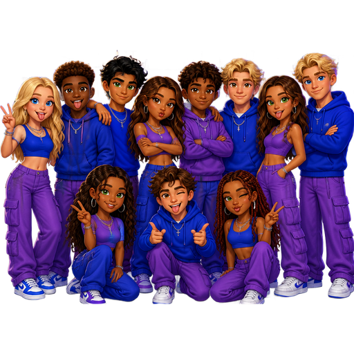 Cami Kelce (13) (white) blonde hair blue eyes funny sweet sassy cute pretty Marco Coleman (14) (black) brown hair brown eyes funny stupid cool sweet Noah market (15) (Mexican) black hair green eyes cool strong silly jokey Mia lzzy (14) (black) brown hair brown eyes funny cool additud twins with Justin pretty Justin lzzy (14) (black) brown hair brown eyes funny cool strong sassy Jonathan greenish (15) (white) blonde hair brown eyes cool sweet strong silly stupid Millie brown (15) (mixed) brown hair green eyes cute silly smart sassy Cole Kelce (16) (white) blonde hair blue eyes cool funny jokey protective of Cami when it comes to boys and outfits Julia (16) (black) brown hair green eyes she’s funny sweet and jokey too Josh (17) (white) brown green hair brown eyes funny kind stupid jokey Zoe (16) (black) brown red hair green eyes sweet funny pretty all standing for a photo shoot infront of the crew house in La that’s a big house all wearing the colors 💙 Electric Blue + 💜 Neon Purple and have Noah be standing by Cami and above them have the name say limitless crew