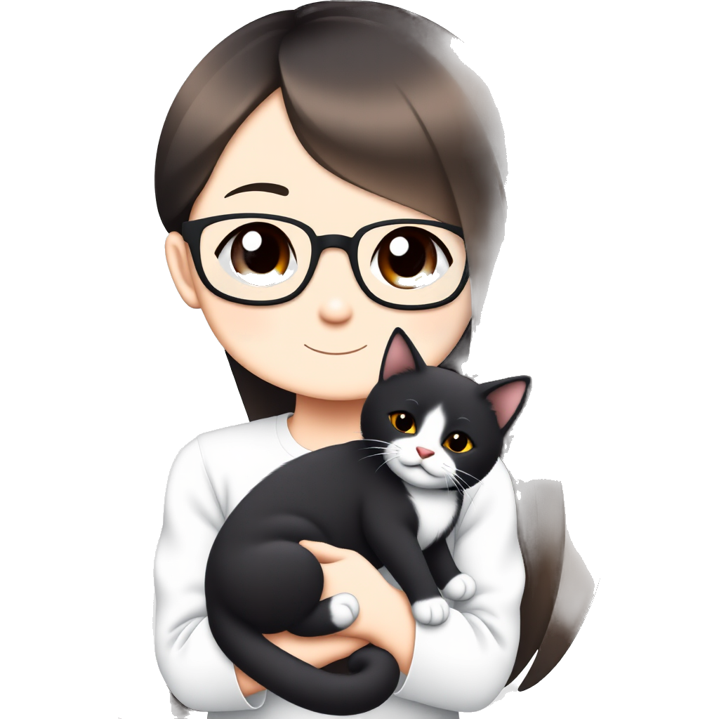 Cute Girl with glasses, with long black hair , brown gradient hair tail , holding a black and white cat