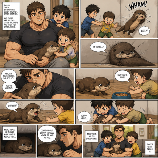 A DETAILED AND LIFELIKE ANIME Comic Book story view of a Bulky but Muscular ANIME Cute Bara Man With Peach toned skin Who looks Normal aind round facial Structure and Basic facial structure With Puffy and Big Pecs that are visible through the shirt and Biceps and Bandaid on his nose and Brown short hair that makes them look tough. Wearing normal With his pet Grown and healthy realistic otter and 2 little brothers that are in different ages but young. Then the otter flys to the wall from the little Brothers, and lays there and cries. And is comforted by the big brother again. And tries to walk to his Bowl of Food but one of the brothers stops and he doesn’t make it. And the otter defends himself and then cries when he’s outmatched a looses. And hides from Everyone but big brother comforts him and they do everything together