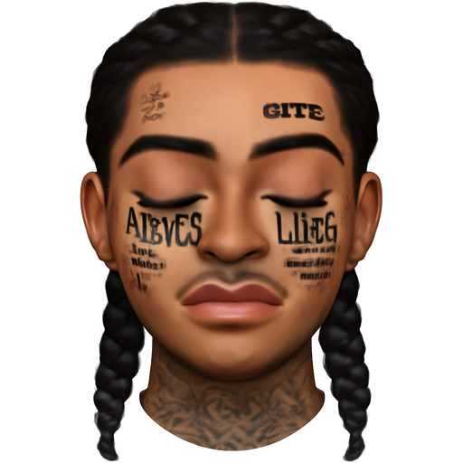 Mixed race man aged 24 , really attractive , corner of bottom lip pierced , eye lids tattooed with the words never lie , one word on each ,a A on his left cheek,the words Bandoe Baby tattood on his right cheek, the Gucci G logo above his left temple, the word GIFTED above his right eyebrow, a triple cleft music note below his bottom lip to the right side , his black curly hair is 3 feel long and plaited into 2 French braids with the plaits down his neck pulled to lay on his chest , his neck id also tattood either side.all his tattoos are black with shading, no colour , new york aesthetic