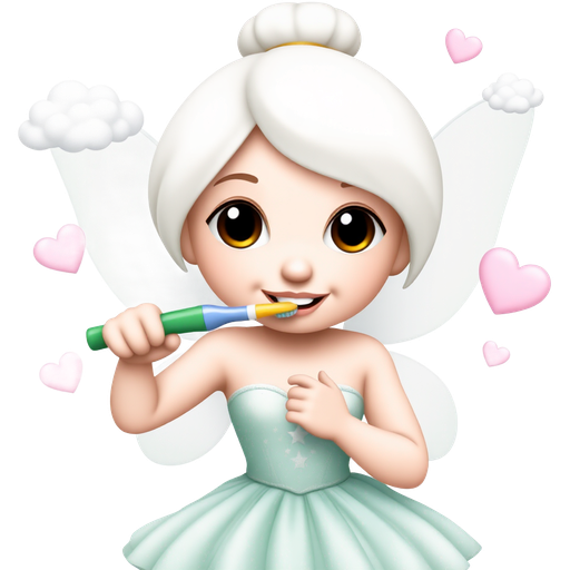 A pastel-hued fairy with oversized, glimmering eyes, wearing a shimmering mint green dress adorned with sparkling stars, is delicately brushing her pearly-white teeth with a rainbow-colored toothbrush. Surrounding her are floating pastel clouds and twinkling hearts, creating a dreamy, whimsical scene. πβ¨π§ββοΈ