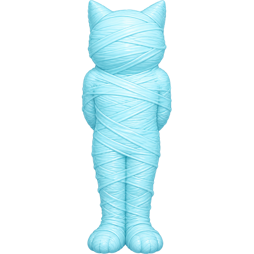 an anthropomorphic cat character named Kevin from a character profile sheet. He has bright yellow fur, large blue eyes, and messy black hair. He is dressed in a red open hoodie, a black t-shirt featuring a green alien face graphic, blue jeans, and red-and-white sneakers. wrapped up and mummified fully covered in a #B8FFFF spider slik cocoon shaped like cat anthro with arms behind back with #B8FFFF spider slik wrappings completely covered with thick layers non-transparent #B8FFFF spider slik wrappings #B8FFFF