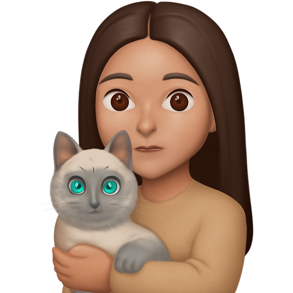 Dark brown straight long haird brown eyed pale skin girl wearing a beige top holding a neva colored blue eyed Siberian cat