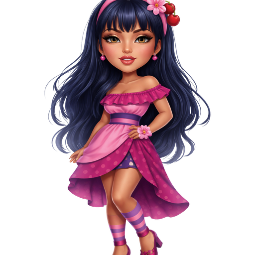 Cherry Jam with a Medium-Tan Cool Almond Skin Tone with a Wide Lip Shape with a Voluminous Wispy Eyelash Set Up and a Pink Lipstick with a Brown Lip Liner with a Brown Eyeshadow and a Natural Eyebrow Shape with a Monolid Eye Shape with a Diamond Face Shape with Long Dark Blue Hair Including Bangs Wearing a Pink Crescent Shaded Headband with a Pink Cherry Blossom Flower on the Right Side of it With a Cherry Right Beside It Wearing a Multi-Layered Dress Parted on the Side from one of the Layers Which Consists of the Neck-Line Being Magenta With a Purple Stripe Going Across With One of the Layers Being Pink and The Parted Layer is Magenta With a Printed Pattern of Purple Polka Dots Wearing a Pink Cherry Blossom Ring with Purple and Magenta Striped Leggings Wearing Magenta Flats With Curtain Designs and Mature Adult Toned Build and a Cinematic Glow