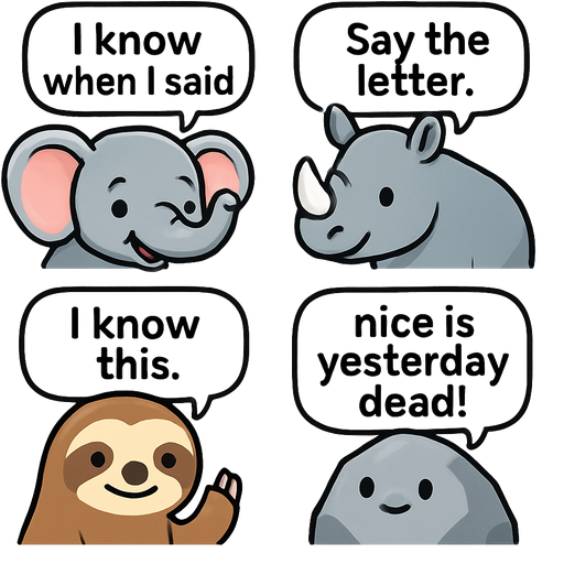 Elephant: Annie I know when I said. Rhino 2: Say the letter. Sloth: I know this. Elephant: Manor and they even know and then I said pedal pass. Rock: nice is yesterday dead!