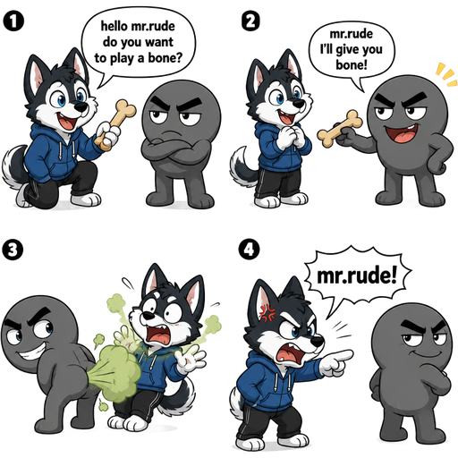 1 anthro husky boy hello mr.rude do you want to play a bone? 2 mr.rude I'll give you bone! 3 mr.rude farts on anthro husky boy
4 anthro husky boy mr.rude!