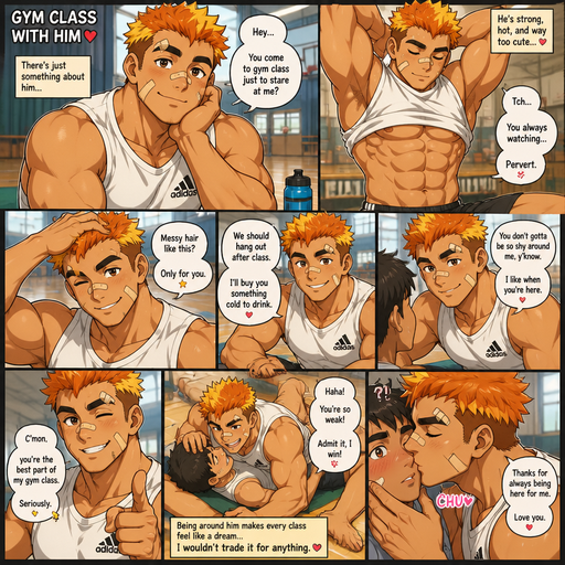 A Full page Anime Comic book story about of a masculine and Bulky ANIME Cute Bara Man American 20 year old with a ROUND and BASIC facial structure and TENAGE BARA CUTE MALE not to detailed With bigger than average Pecs that are visible through the shirt and Biceps and a big Bandaid on his nose and Left Cheek and Right Eye brow. Wearing a no piercings Baggy White sleeveless Adidas Athletic shirt and Short and Orange Hair and Brighter Yellow Hair Tips and Strait with brown eyes and black eyebrows. Sitting down Hot, Cute and Dreamy smile and doing other cute and Hot stuff in gym class like: Taking off his shirt, Talking to me, Tussling his hair and Kissing him on the cheek