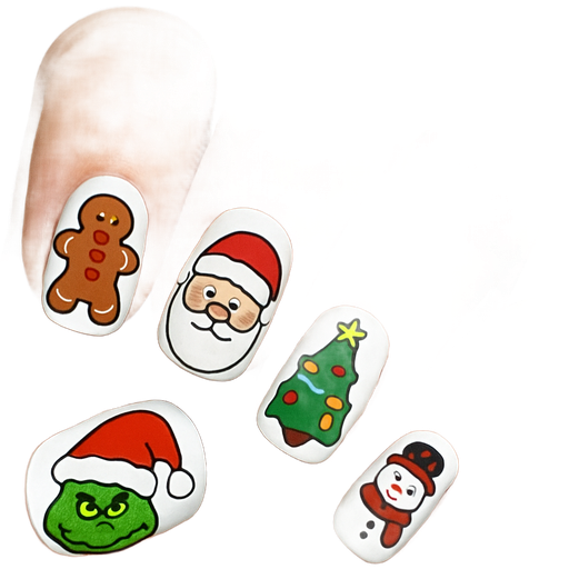 Do nails Christmas theme I want the thumb the grinch with a Santa hat one, ring finger is a Christmas tree with ornaments and lights, middle finger Santa clause, pointer finger an gingerbread man, pinkie finger snowman