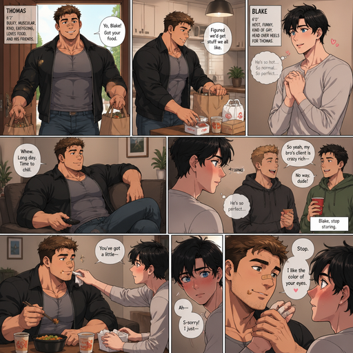 A Comic book story of a Bulky and muscular ANIME Cute Bara Man Who looks Normal and American with a round facial Structure and Basic facial structure With Big Pecs and Biceps and Bandaid on his nose. Wearing a Shirt and Unzipped jacket and jeans named Thomas. Then there’s the host named Blake skinny handsome and head over heels for Thomas. Thomas Carried food in to the house. And then puts it on the counter and then goes to the couch and sits down. Blake Is caught staring at Thomas from his brother but he is to busy talking to his friend And Thomas’s. And They sit at the table and there is a smudge of food on the side Thomas’s mouth, but Blake tries to wipe it off but blushes and looks away and then Thomas Stops his face and says stop I like the color of your eyes