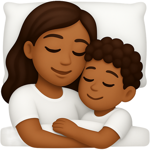 A brown-skinned mother and her son lying together in bed. Both are wearing white clothes. The mother has dark brown hair, long eyelashes, and a piercing above her upper lip on one side. The son has dark brown, very curly ringlet hair. A cozy, loving, and cute moment.”