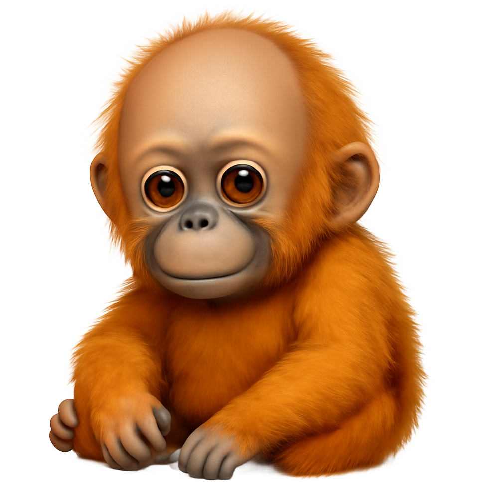 Full body cute chubby baby orangutan. Make it recognizable as a baby orangutan and not a monkey. It should be both realistic and stylized. It should have a bald forehead, small ears, bright orange fur