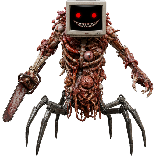 a monster made out of body parts organs bones muscles brains eyeballs head wearing a computer for the head with red eyes and bfdi mouth smile with sharp teeth body arms chainsaw for the left hand and 6 metal spider like legs view based on prototype poppy playtime
