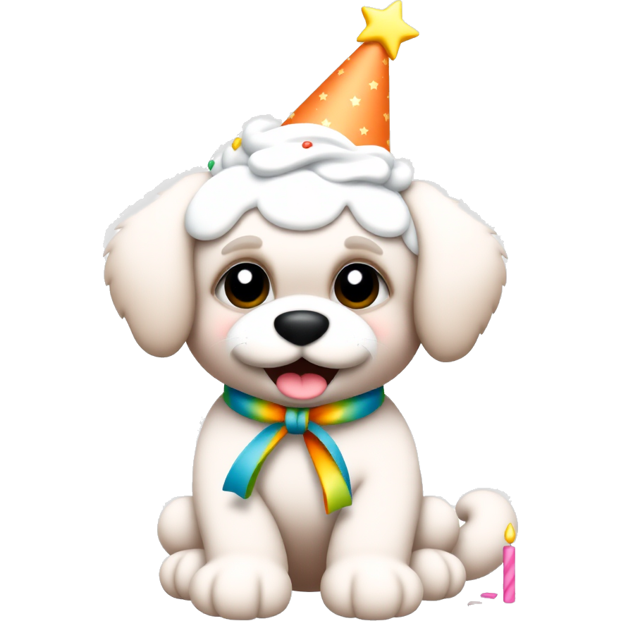 "Whimsical cake pup" - A fluffy dog with icing-inspired fur, wearing a party hat adorned with twinkling stars. Its collar is a ribbon made of rainbow sprinkles, and its tail wags joyfully, leaving a trail of confetti and mini candles in vibrant colors. Perfect for any celebration!